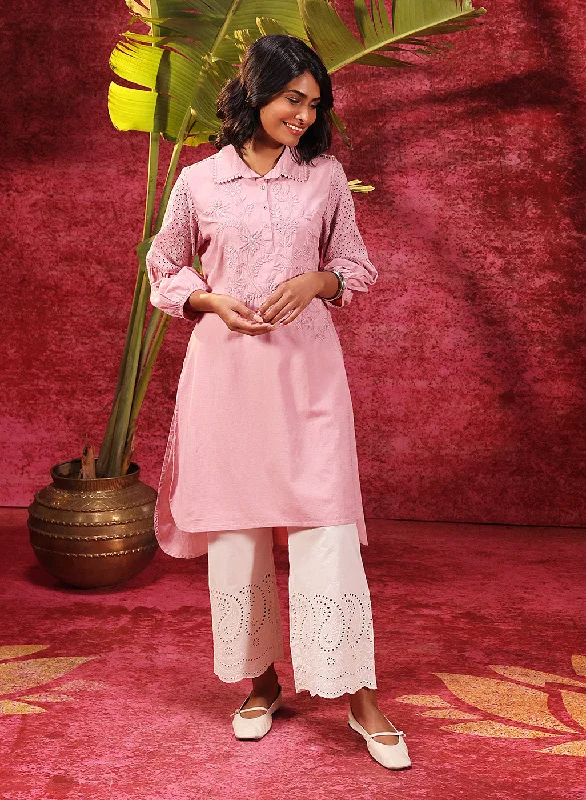 Kyla Basil Rose Pink Embroidered Cotton Linen Tunic for Women