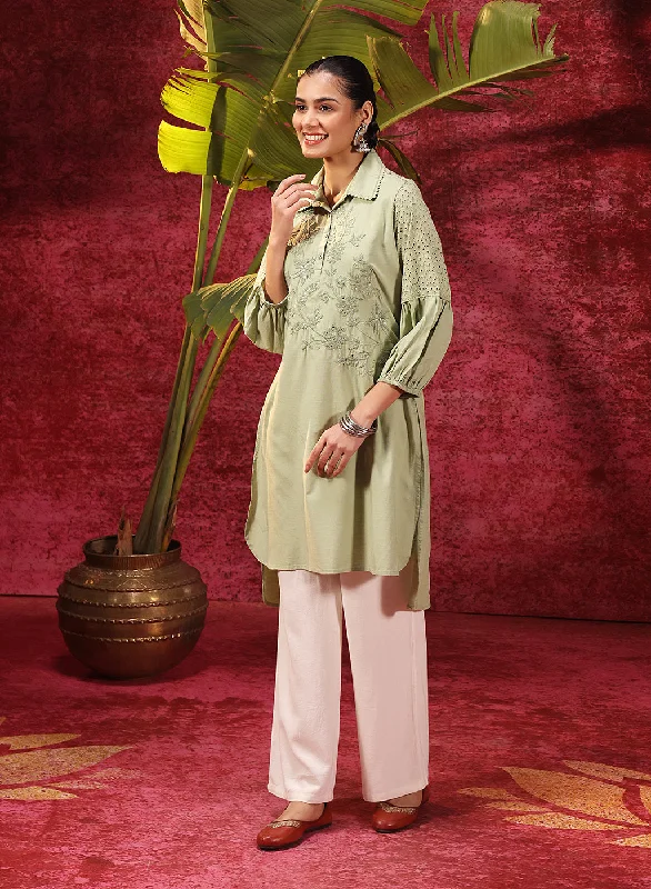 Kyla Basil Green Embroidered Cotton Linen Tunic for Women