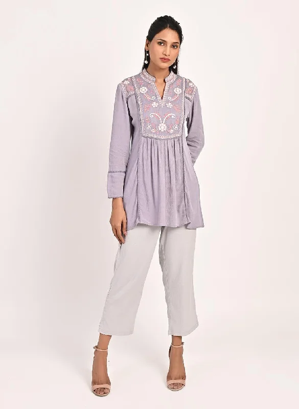 Lavender Collared Tunic with Embroidery at Yoke