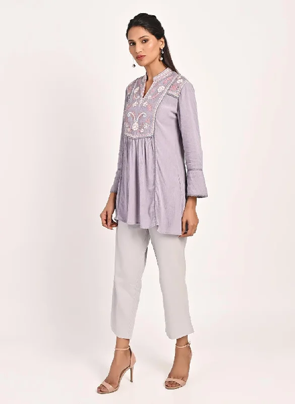 Lavender Collared Tunic with Embroidery at Yoke