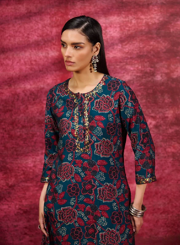 Layla Dark Teal Printed Chanderi Tunic for Women