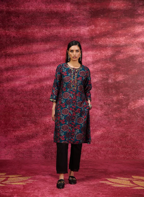 Layla Dark Teal Printed Chanderi Tunic for Women