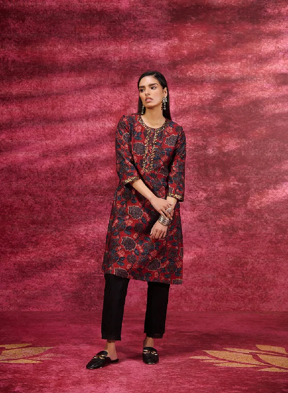 Layla Maroon Printed Chanderi Tunic for Women