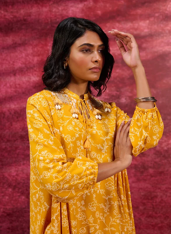 Luna Chrome Yellow Printed Rayon Long Top for Women