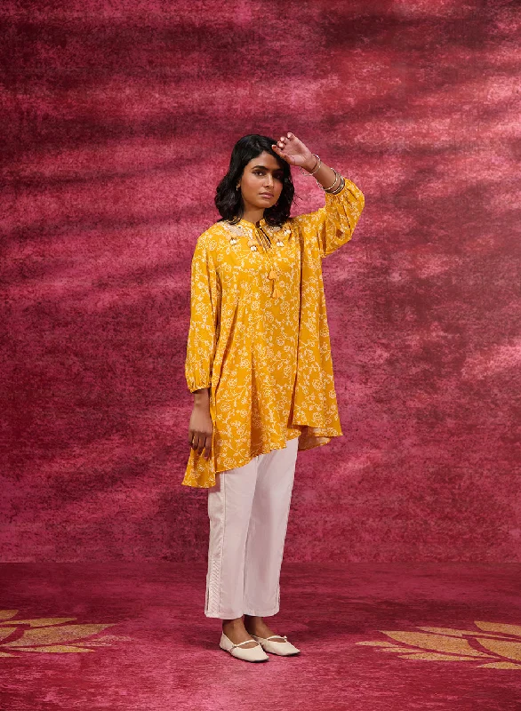 Luna Chrome Yellow Printed Rayon Long Top for Women