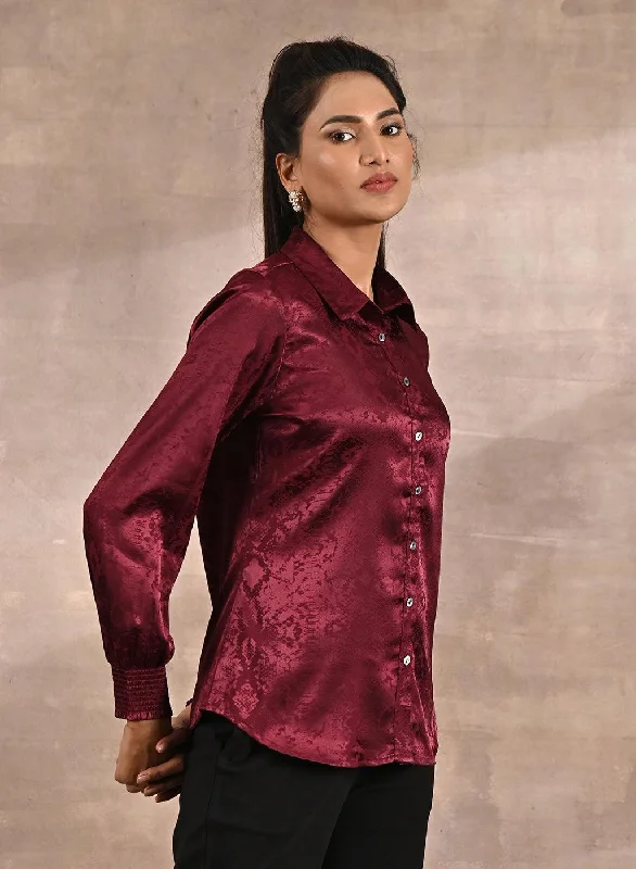 Maroon Aztec Printed Satin Shirt with Gathered Sleeves