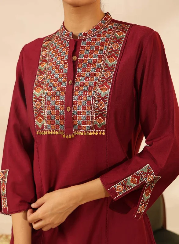 Maroon Collared Tunic with Intricate Embroidery and Bell Sleeves