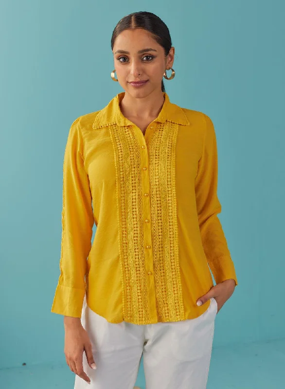 Mustard Cut Work Classic Shirt with Beads Button