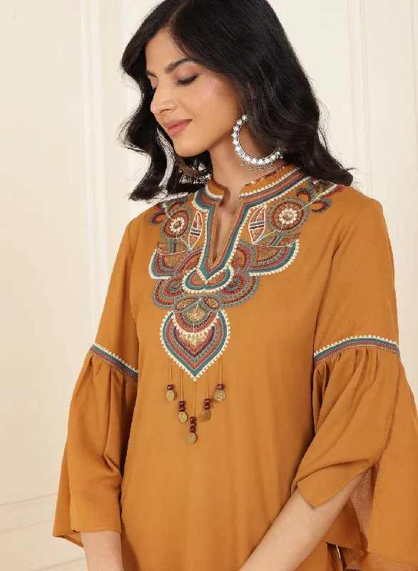 Mustard Embroidered Georgette Tunic for Women