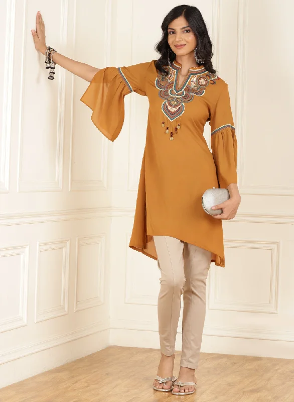 Mustard Embroidered Georgette Tunic for Women