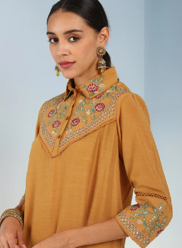 Mustard Embroidered Tunic for Women with Classic Collar