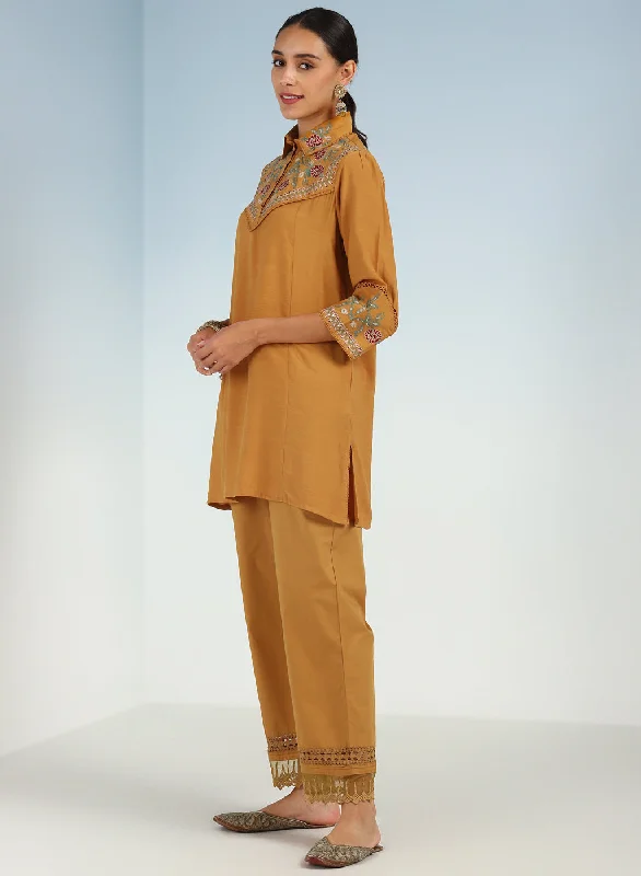 Mustard Embroidered Tunic for Women with Classic Collar