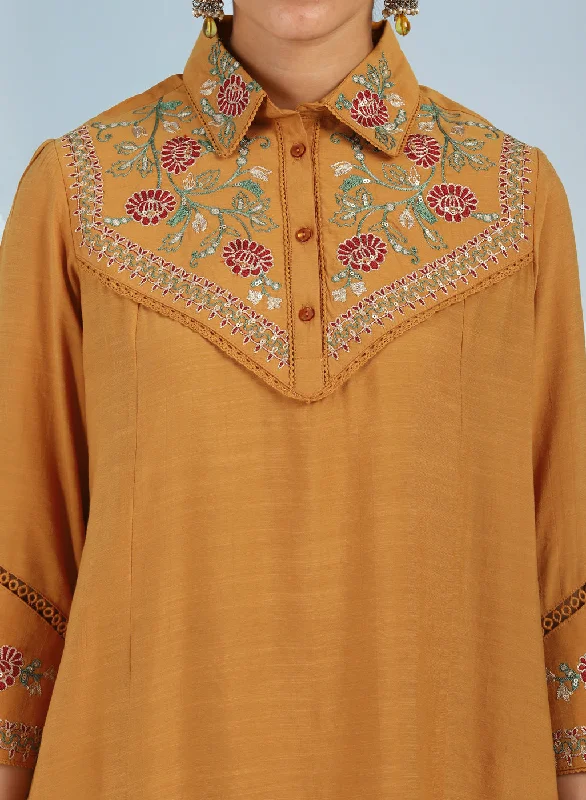 Mustard Embroidered Tunic for Women with Classic Collar