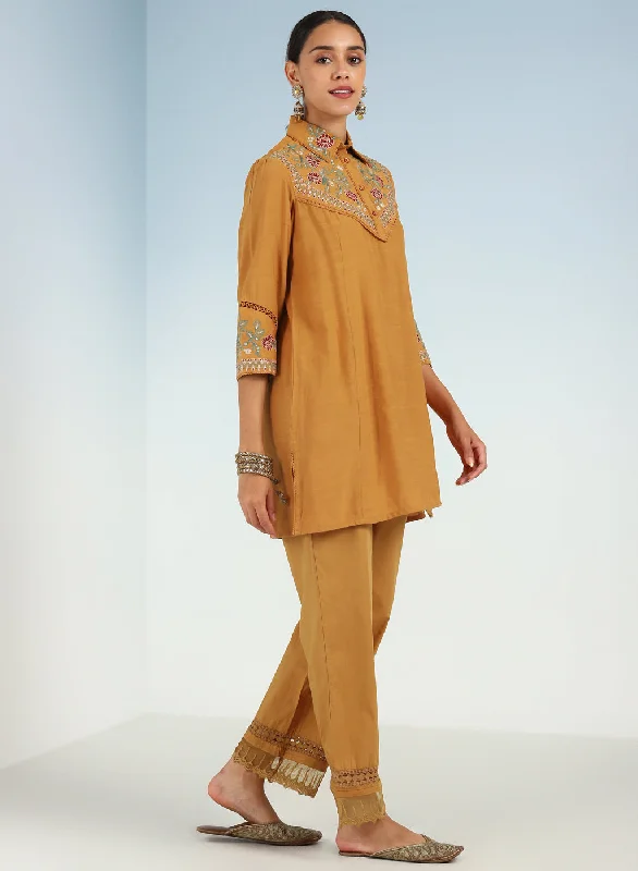 Mustard Embroidered Tunic for Women with Classic Collar