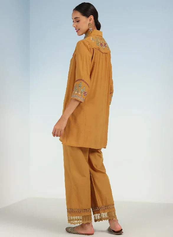 Mustard Embroidered Tunic for Women with Classic Collar