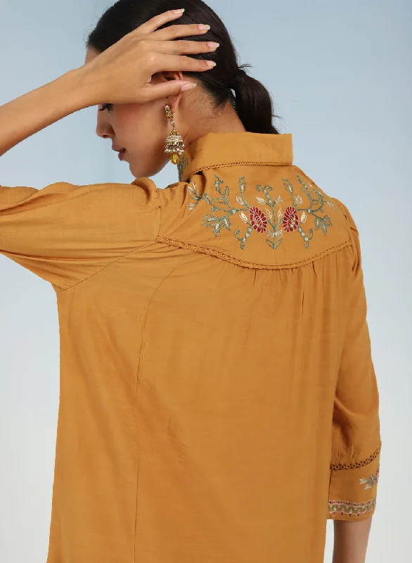 Mustard Embroidered Tunic for Women with Classic Collar