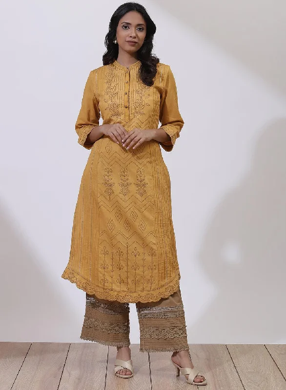 Mustard Sequins Work Pleated Kurta