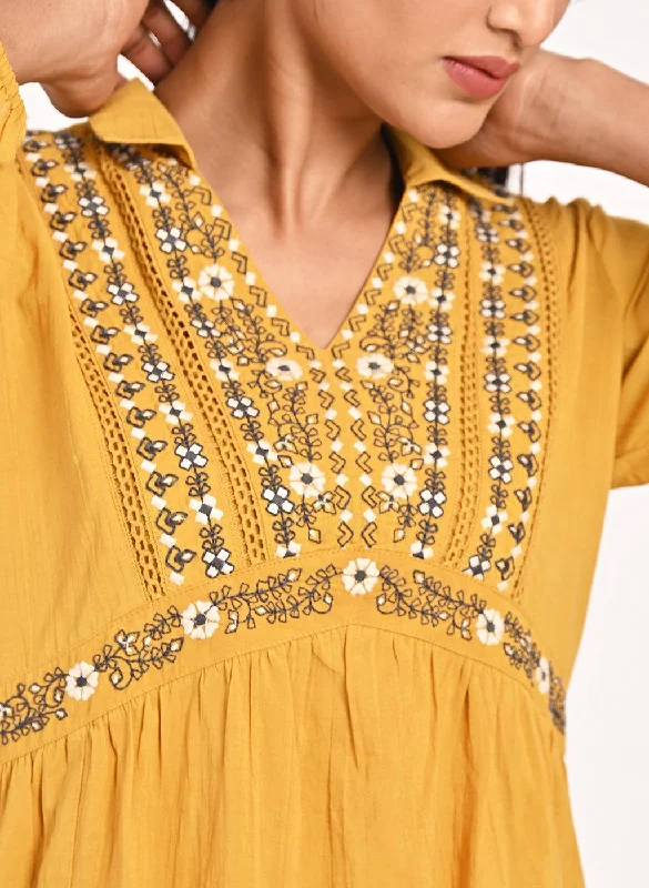 Mustard Thigh-length Boho Tunic  with Collar and Full Sleeves