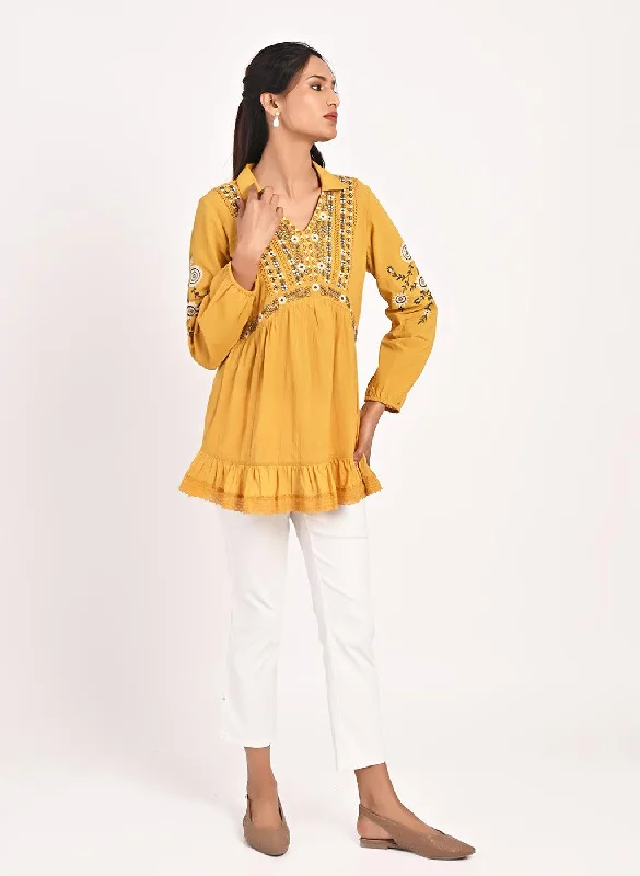 Mustard Thigh-length Boho Tunic  with Collar and Full Sleeves