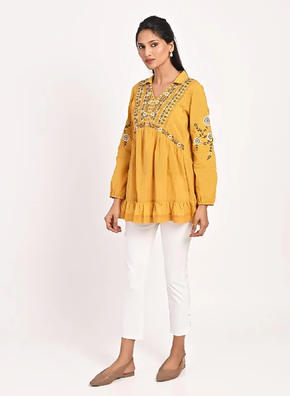 Mustard Thigh-length Boho Tunic  with Collar and Full Sleeves