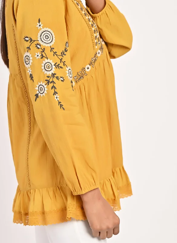 Mustard Thigh-length Boho Tunic  with Collar and Full Sleeves