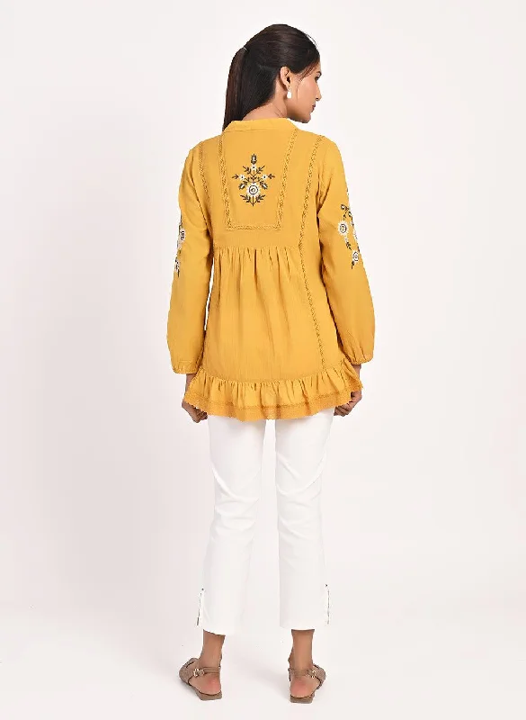 Mustard Thigh-length Boho Tunic  with Collar and Full Sleeves