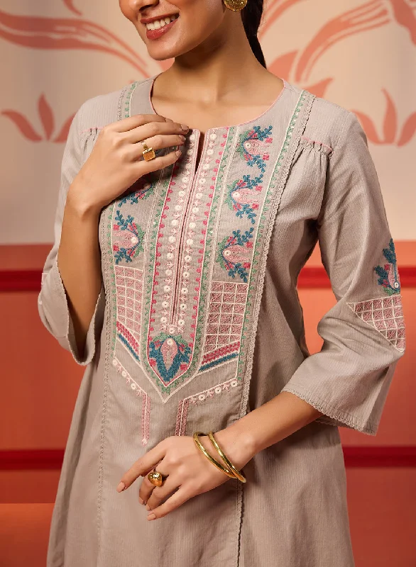 Naaznin Mushroom Grey Embroidered Striped Cotton Top for Women