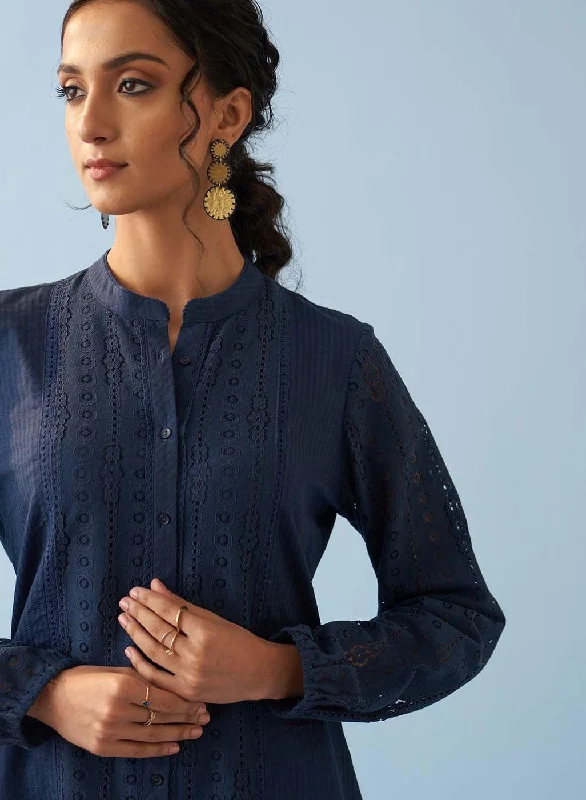 Navy Blue Collared Embroidered Tunic for Women