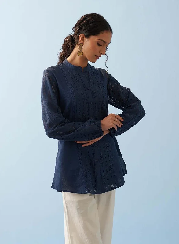 Navy Blue Collared Embroidered Tunic for Women