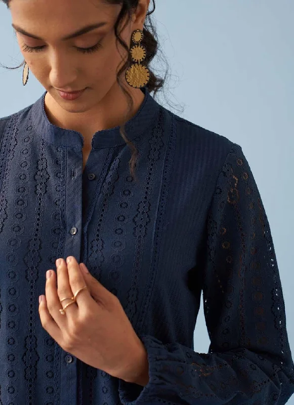 Navy Blue Collared Embroidered Tunic for Women