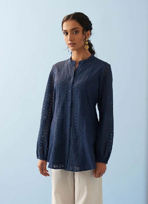 Navy Blue Collared Embroidered Tunic for Women