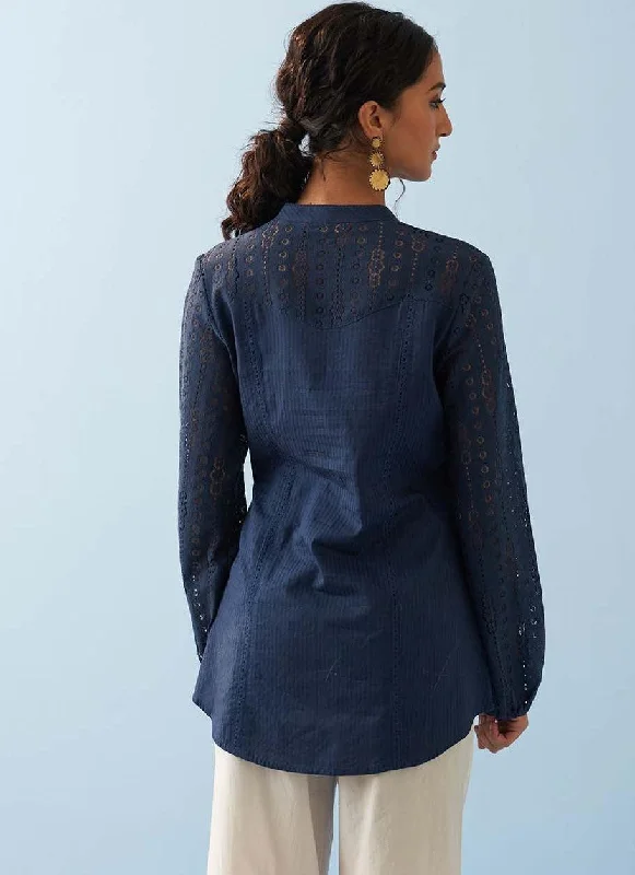 Navy Blue Collared Embroidered Tunic for Women