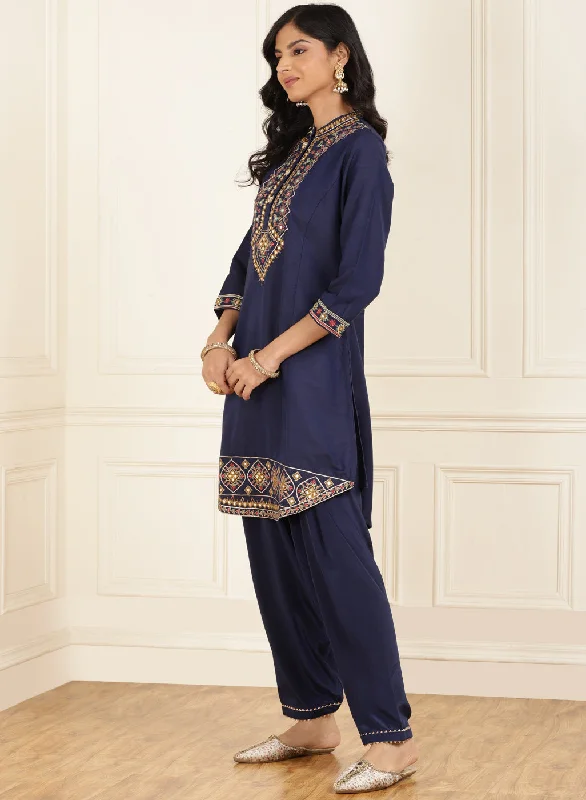 Navy Blue Embroidered Party Wear Kurta Set with Mirror Work