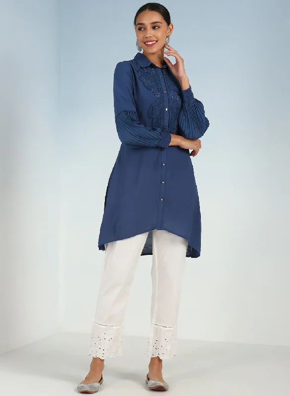 Navy Blue Kurti with Curved Hem and Pleated Sleeves