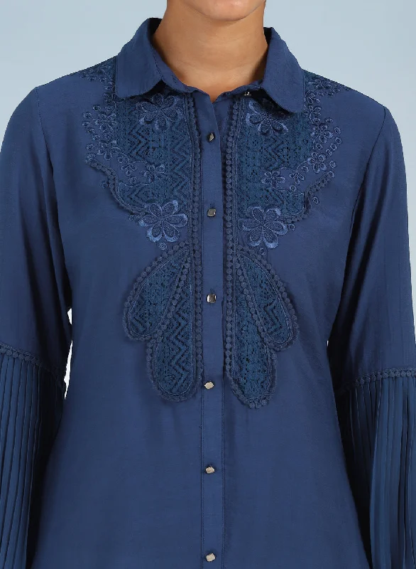 Navy Blue Kurti with Curved Hem and Pleated Sleeves