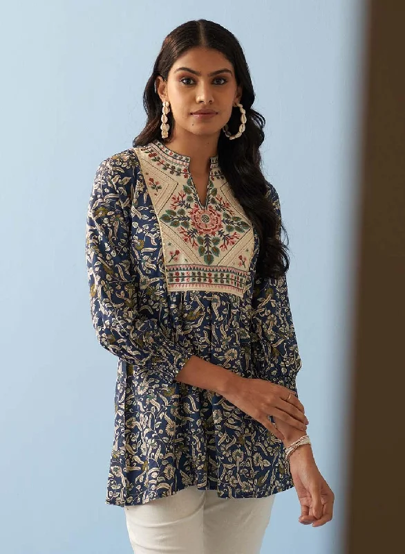 Navy Blue Multi Color Printed Short Tunic with Yoke Embroidery