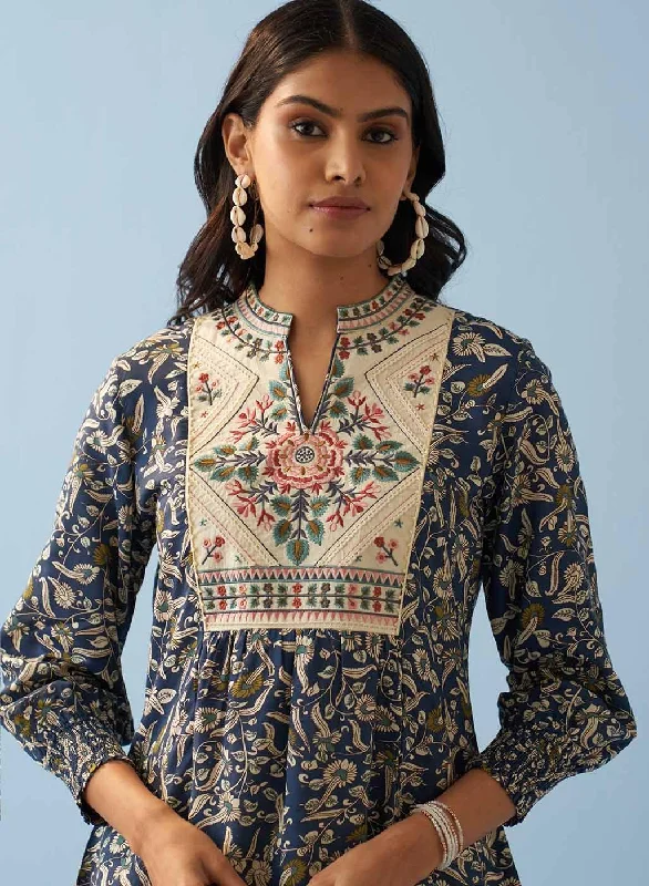 Navy Blue Multi Color Printed Short Tunic with Yoke Embroidery