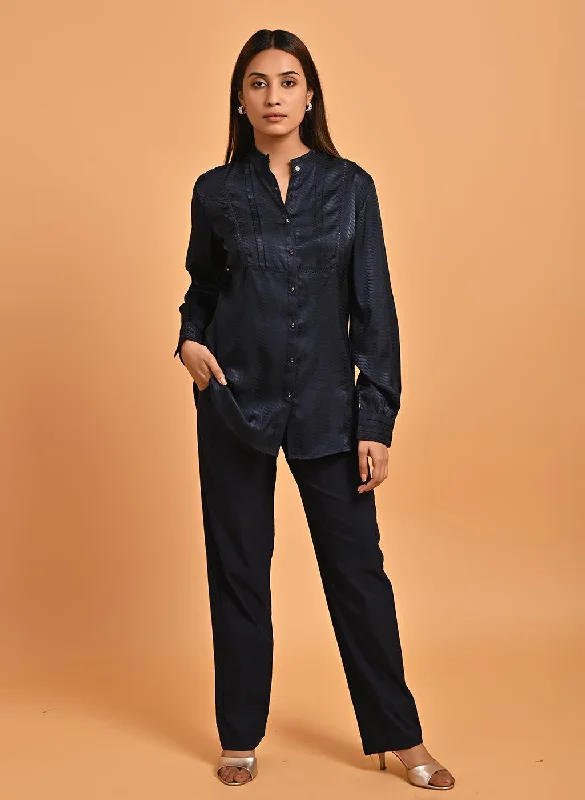 Navy Blue Satin Shirt with Balloon Sleeves and Open Front