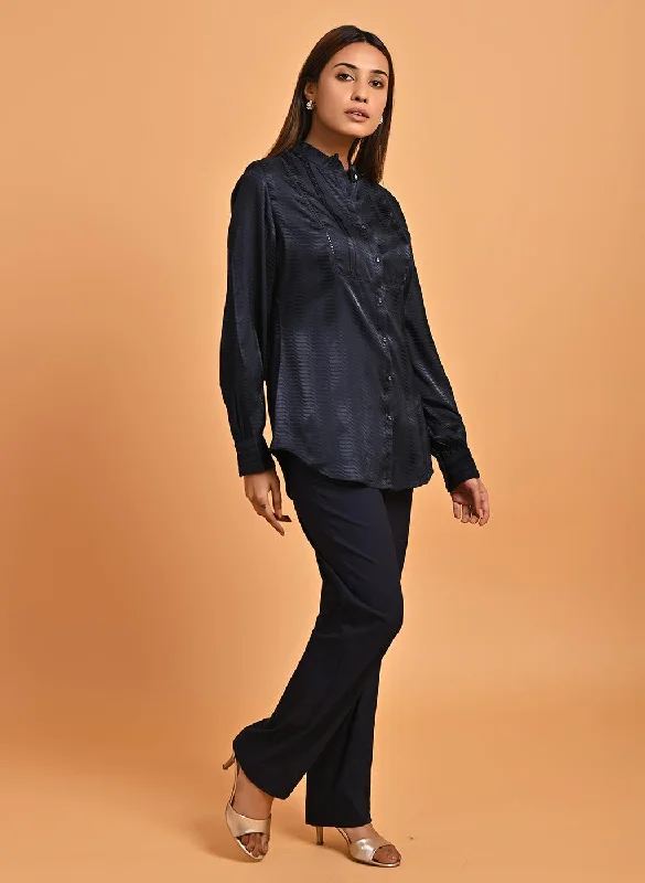 Navy Blue Satin Shirt with Balloon Sleeves and Open Front