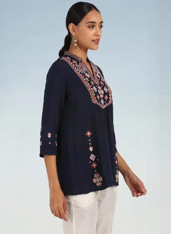 Navy Blue Tunic with Front Yoke Embroidery Detail