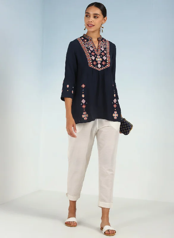 Navy Blue Tunic with Front Yoke Embroidery Detail