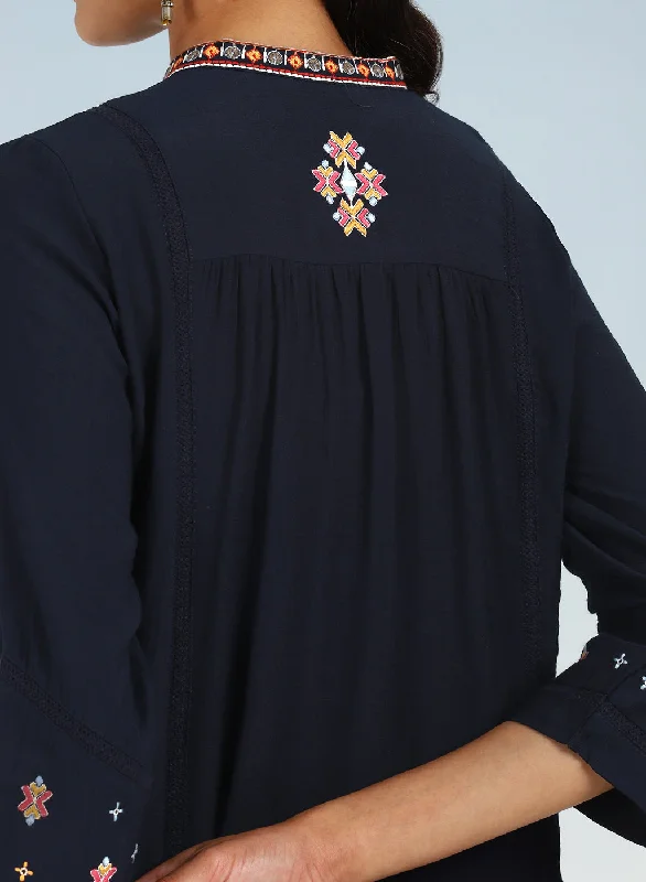 Navy Blue Tunic with Front Yoke Embroidery Detail