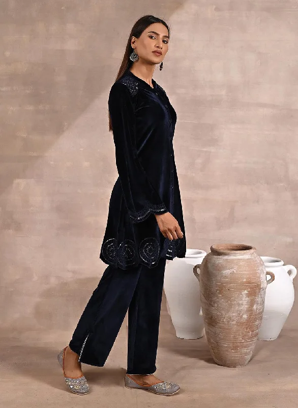 Navy Blue Velvet Tunic with Cut Work & Hand Embroidery