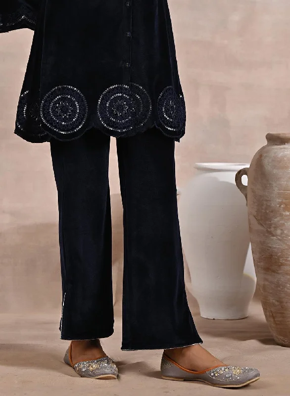 Navy Blue Velvet Tunic with Cut Work & Hand Embroidery