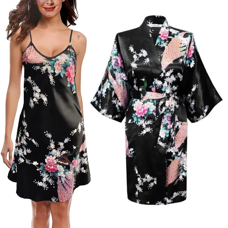 Trifolium Chemise+Kimono Robe Silky Satin Bath Gown Peacock And Blossoms Nightgown Oriental Floral Bathrobe Gift Bridesmaid Wedding Sexy Pyjama