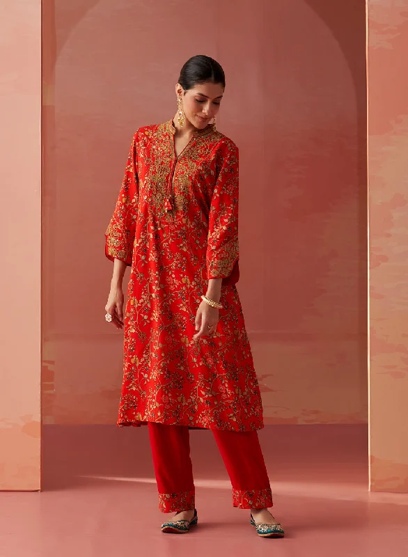 Nitara Bright Red Printed Rayon Co-ord Set