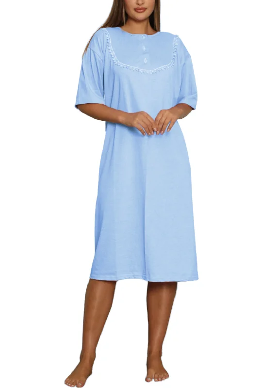 Trifolium Women Short Sleeve Button Up 100% Cotton Nightdress Round Neck Flora Long Nightie