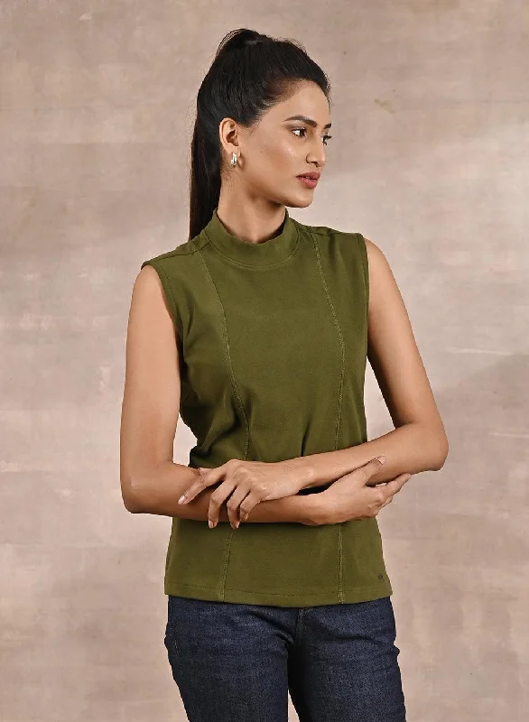 Olive Sleeveless Winter Top with Fine Stich Detailing