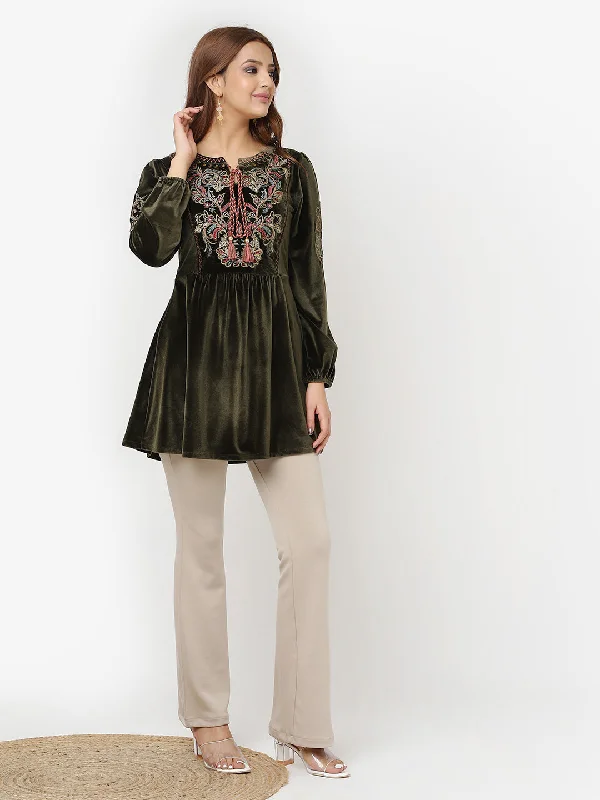 Olive Velvet Tunic with Threadwork and Tassels