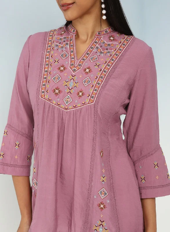 Onion Pink Tunic with Front Yoke Embroidery Detail